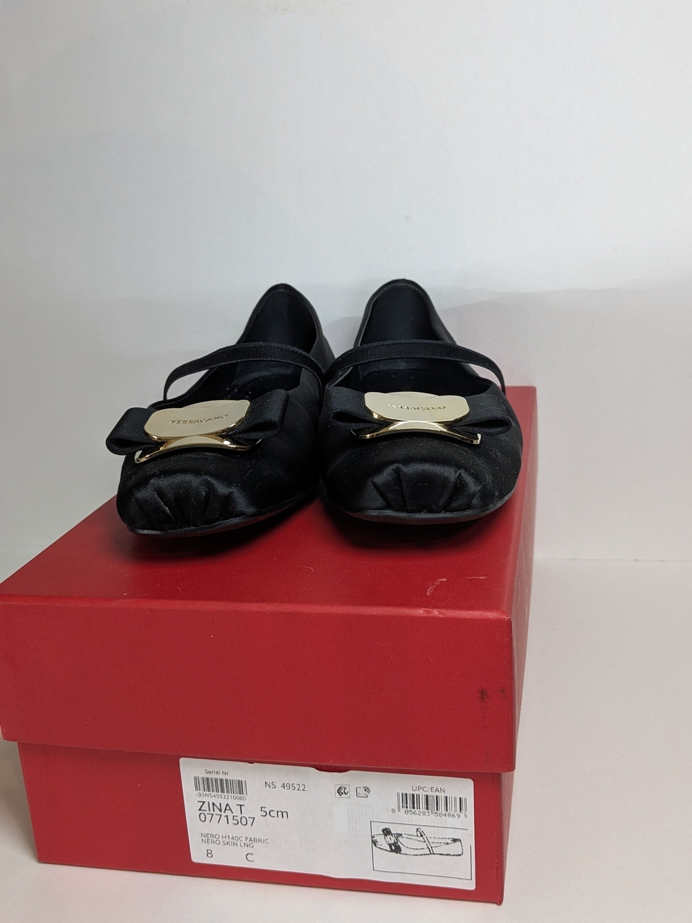 Salvatore Ferragamo Black Satin Ballet Flats with Gold Plaque
